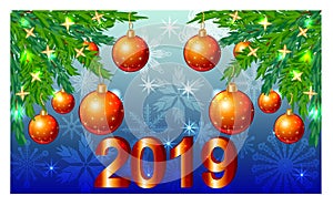 A red Christmas background with snowflakes, coniferous branches, decorated with balls, stars. The inscription 2019