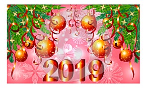 A red Christmas background with snowflakes, coniferous branches, decorated with balls, stars. The inscription 2019