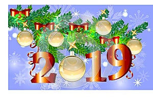 A red Christmas background with snowflakes, coniferous branches, decorated with balls, stars. The inscription 2019