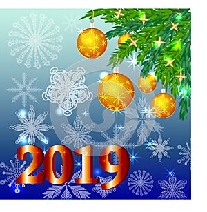 A red Christmas background with snowflakes, coniferous branches, decorated with balls, stars. The inscription 2019