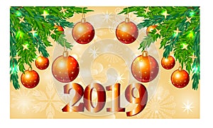A red Christmas background with snowflakes, coniferous branches, decorated with balls, stars. The inscription 2019