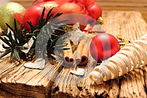 Red christmas ball and birch bark hearts