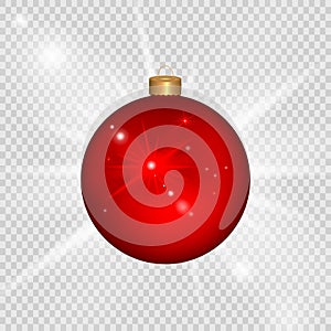 Red Christmas ball. Decorated design, isolated on transparent background. Vector illustration