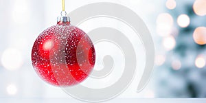 Red christmas ball hanging on bokeh background with copy space