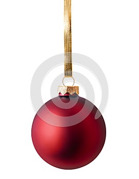 Red christmas ball hanging on golden ribbon isolated over white background