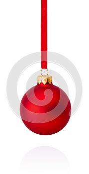 Red Christmas ball hanging on ribbon Isolated on white background