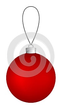 Red Christmas ball hanging on a thread isolated on a white background.