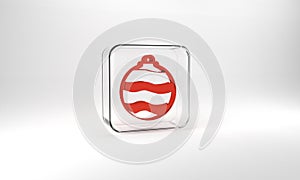 Red Christmas ball icon isolated on grey background. Merry Christmas and Happy New Year. Glass square button. 3d