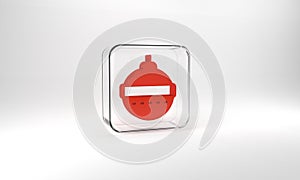 Red Christmas ball icon isolated on grey background. Merry Christmas and Happy New Year. Glass square button. 3d