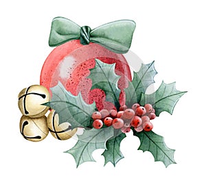 Red Christmas ball ornament with gold bells, holly berries and green bow watercolor illustration for winter holidays
