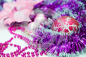 Red Christmas Ball and other Purple Christmas-Tree Decorations