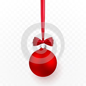 Red Christmas ball with red bow. Xmas glass ball on transparent background. Holiday decoration template. Vector illustration