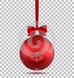 Red Christmas ball with ribbon and a bow and snowflakes, isolated on transparent background. Template of matt realistic