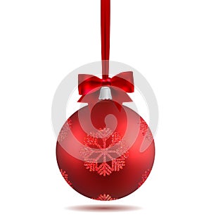 Red Christmas ball with ribbon and a bow and snowflakes, isolated on white background. Template of matt realistic