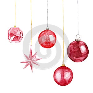 Red Christmas balls background. Festive xmas decoration scarlett bauble and bright snowflake, hanging on the gold ribbon.