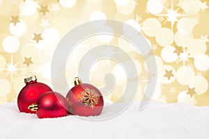 Red Christmas balls background stars golden decoration card