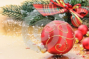 Red Christmas balls on festive background