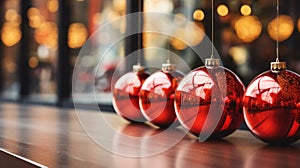Red christmas balls hanging from a string in front of a window, AI