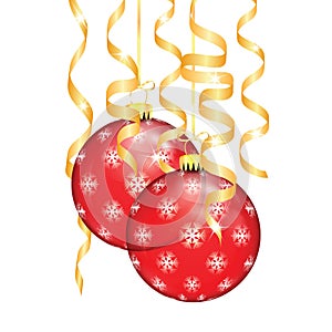 Red Christmas balls with snowflakes and serpentine