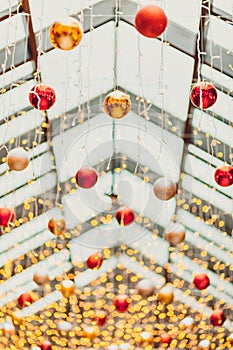 Christmas balls in Vintage city night light bokeh and christmas light blurred background on christmas day