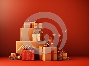 Red Christmas banner background, New year card with copy space, Generative Ai