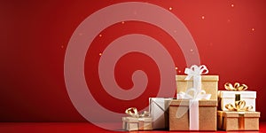 Red Christmas banner with copy space. Christmas decoration with presents on red background