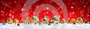 Red Christmas Banner - Golden Balls And Baubles