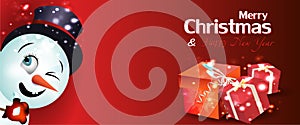 Red christmas banner with snowman and gifts