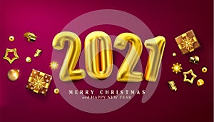 Red Christmas Banner.Vector holiday Background with by volumetric figures 2021, realistic gifts box, snowflake and glitter gold