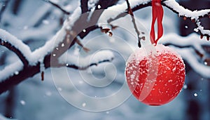 Red Christmas bauble on Pine tree