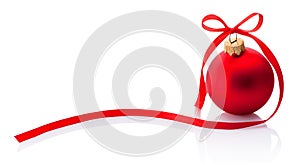 Red Christmas bauble with ribbon bow isolated on white background