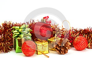 Red Christmas baubles and other decorations