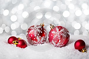 Red Christmas Baubles on the shiny background. Very shallow depth of field. Selective focus