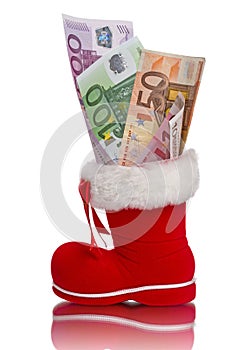 Red Christmas boot with Euro banknotes