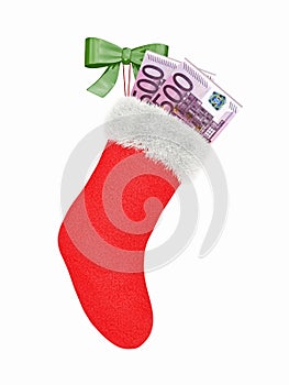 Red Christmas boot with euro isolated on white background