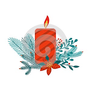 Red Christmas candle isolated on white. Festive illustration with burning candle decorated with green spruce branches