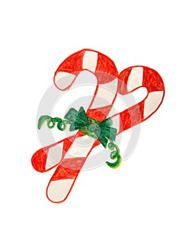 Red christmas candy cane with green tape, watercolor painting isolated on white