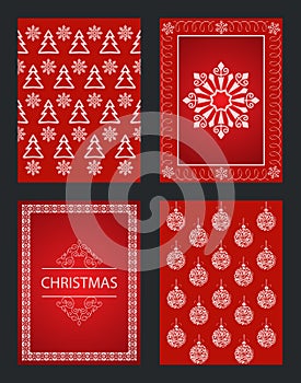 Red Christmas cards with different winter ornaments