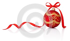 Red christmas decoration ball with ribbon bow isolated on white