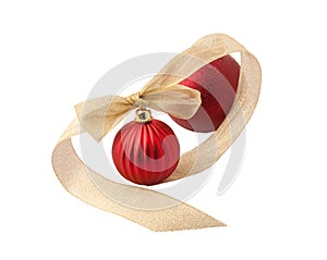 Red christmas decoration balls with gold ribbon