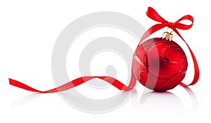 Red Christmas decoration bauble with ribbon bow isolated on white background