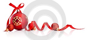 Red Christmas decoration baubles with ribbon bow isolated on white background