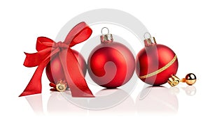 Red christmas decoration baubles with ribbon bow isolated on white background. Generative AI