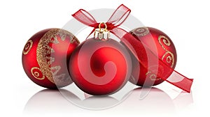 Red christmas decoration baubles with ribbon bow isolated on white background. Generative AI