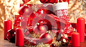 Red christmas decoration gifts and christmas tree deco.