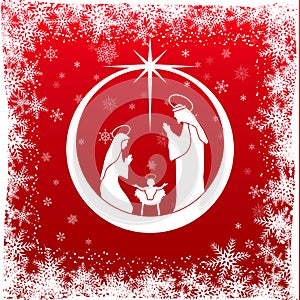 Red Christmas decoration with Nativity scene in a ball. Greeting card background.