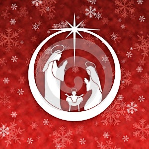 Red Christmas decoration with Nativity scene in a ball. Greeting card background.