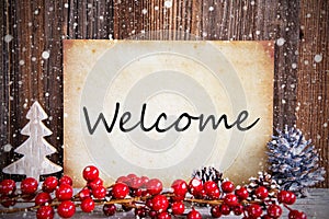 Red Christmas Decoration, Old Paper With Welcome, Snow