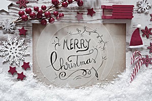 Red Christmas Decoration, Snow, Calligraphy Merry Christmas