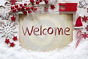 Red Christmas Decoration, Snow, English Text Welcome